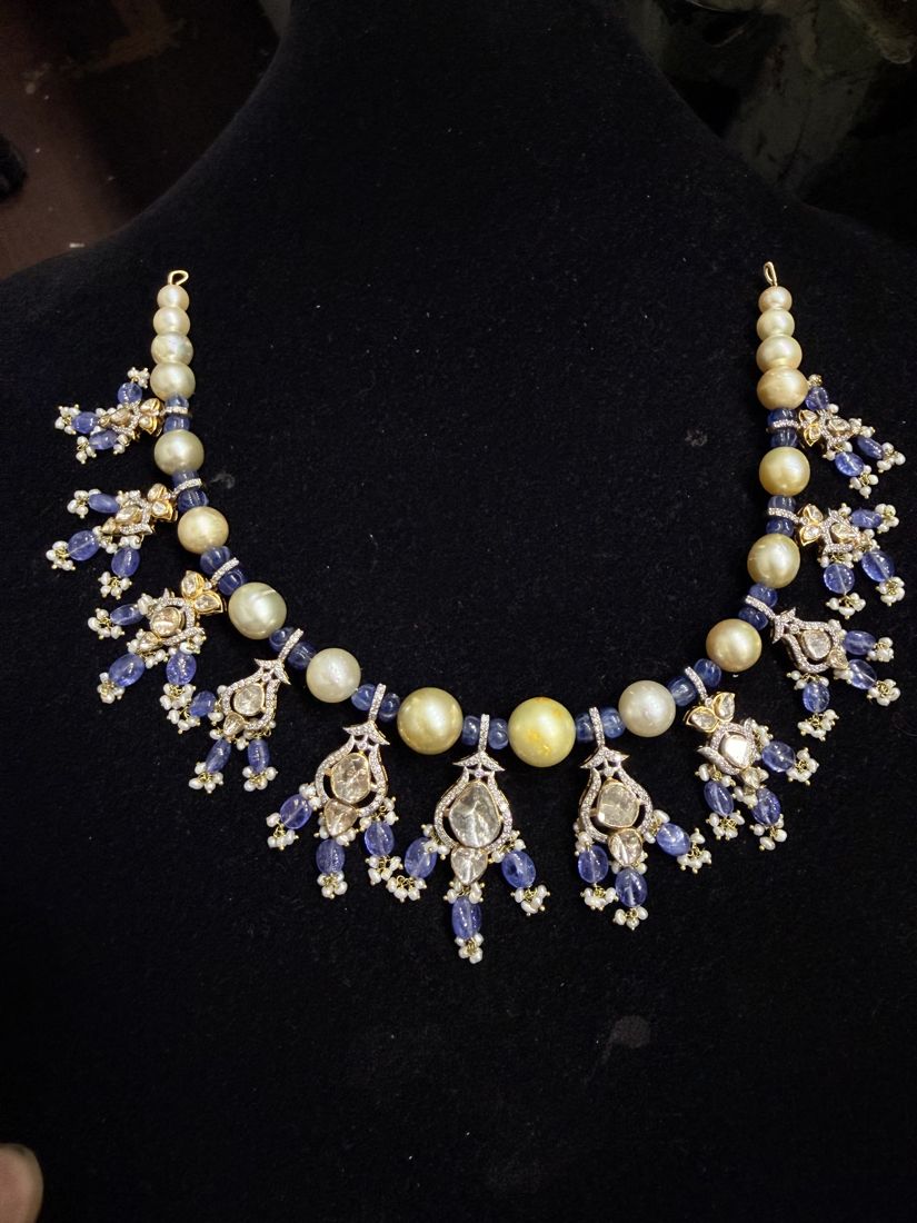 Blue enamel and pearl necklace